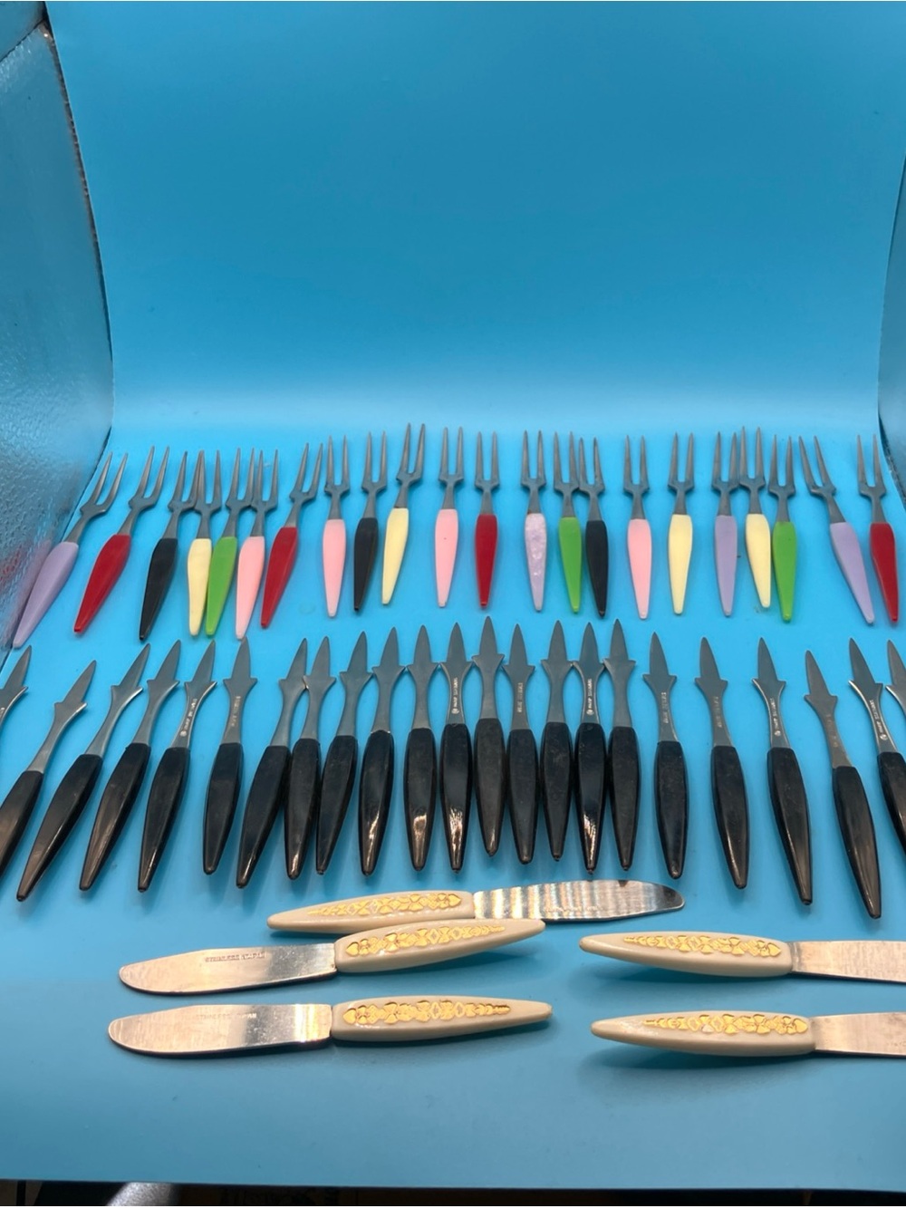 Vintage Japan Little Forks Set 50 Cocktail Appetizer Colorful Handles Stainless